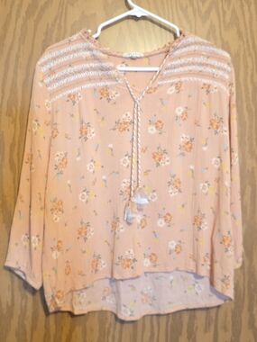 Boho Floral Tunic Top in Peach with Tassel Tie